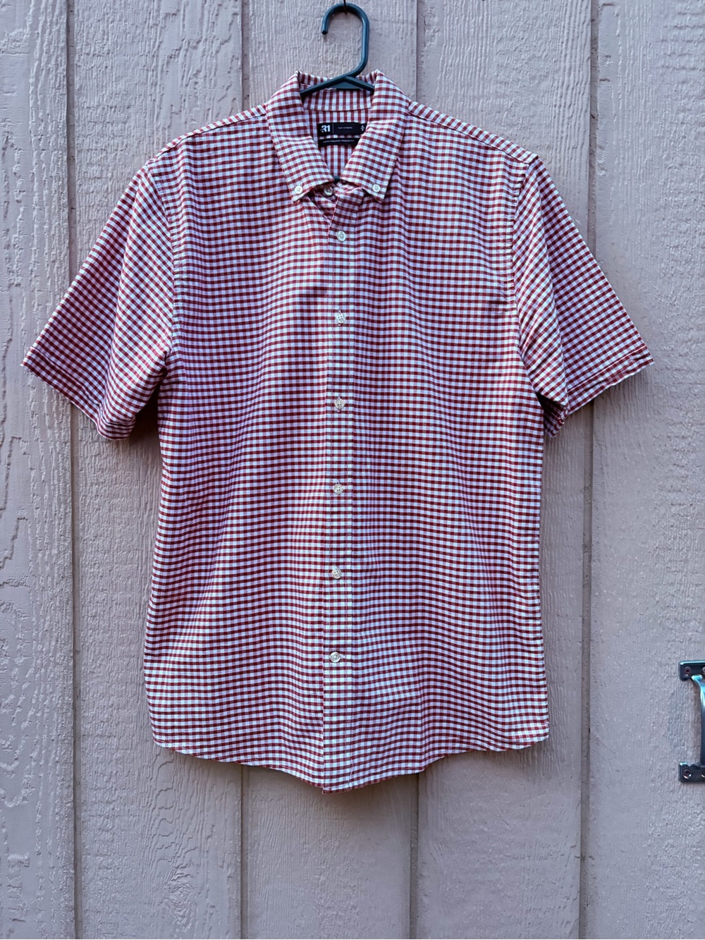 Simons Le31 Mens Rust Gingham Short-Sleeve Button-Down Shirt